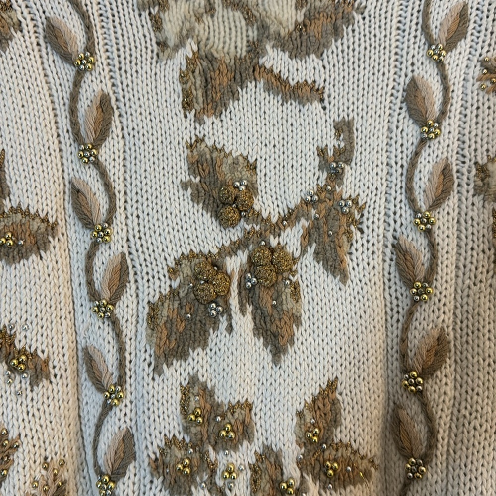 Vintage Talbots Hand Knit Beaded Floral‎ Sweater Ivory Mock Neck Size S - Picture 8 of 17